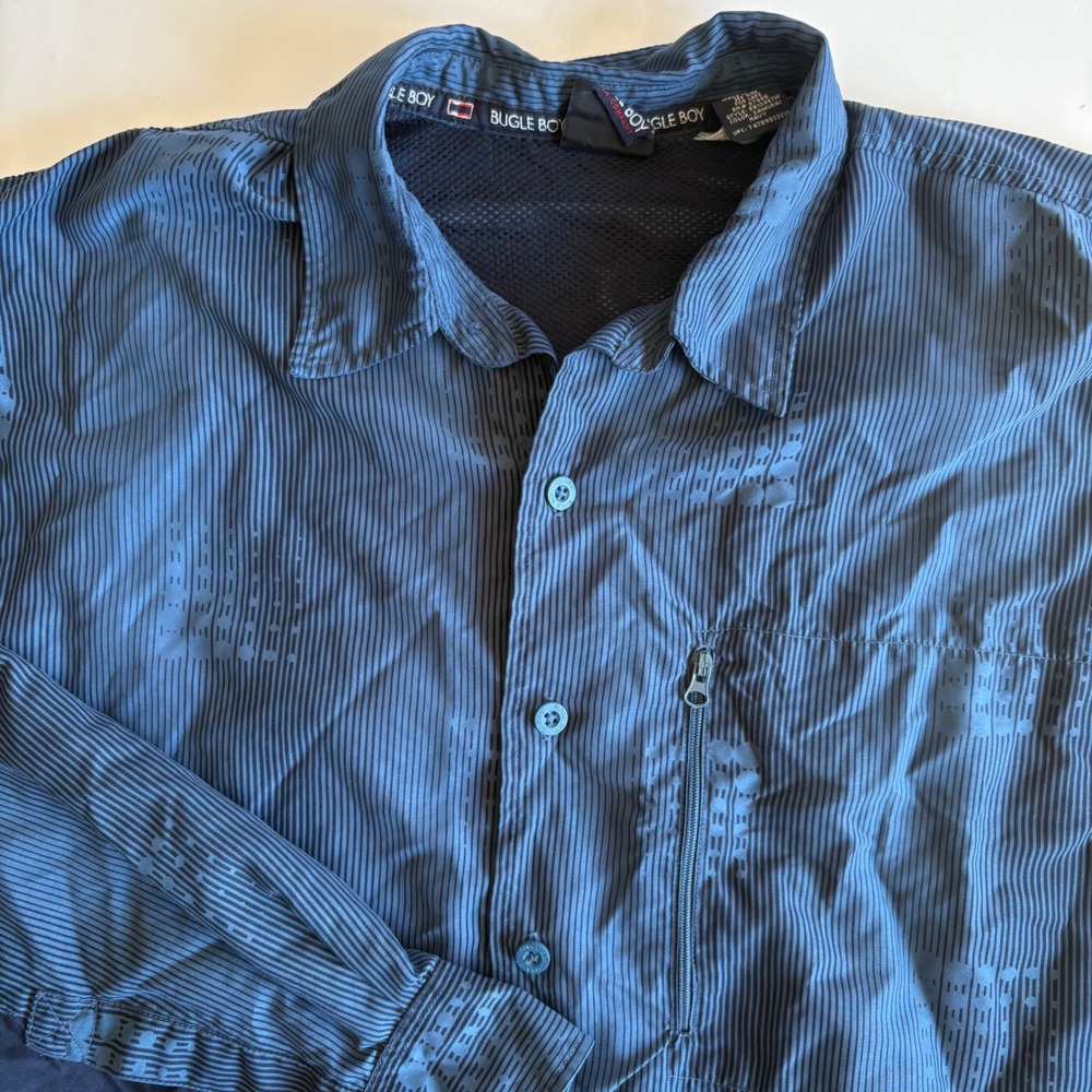Bugle Boy Mens Samurai Navy Striped Tech Shirt Long Sleeve Large Vented Gorpcore